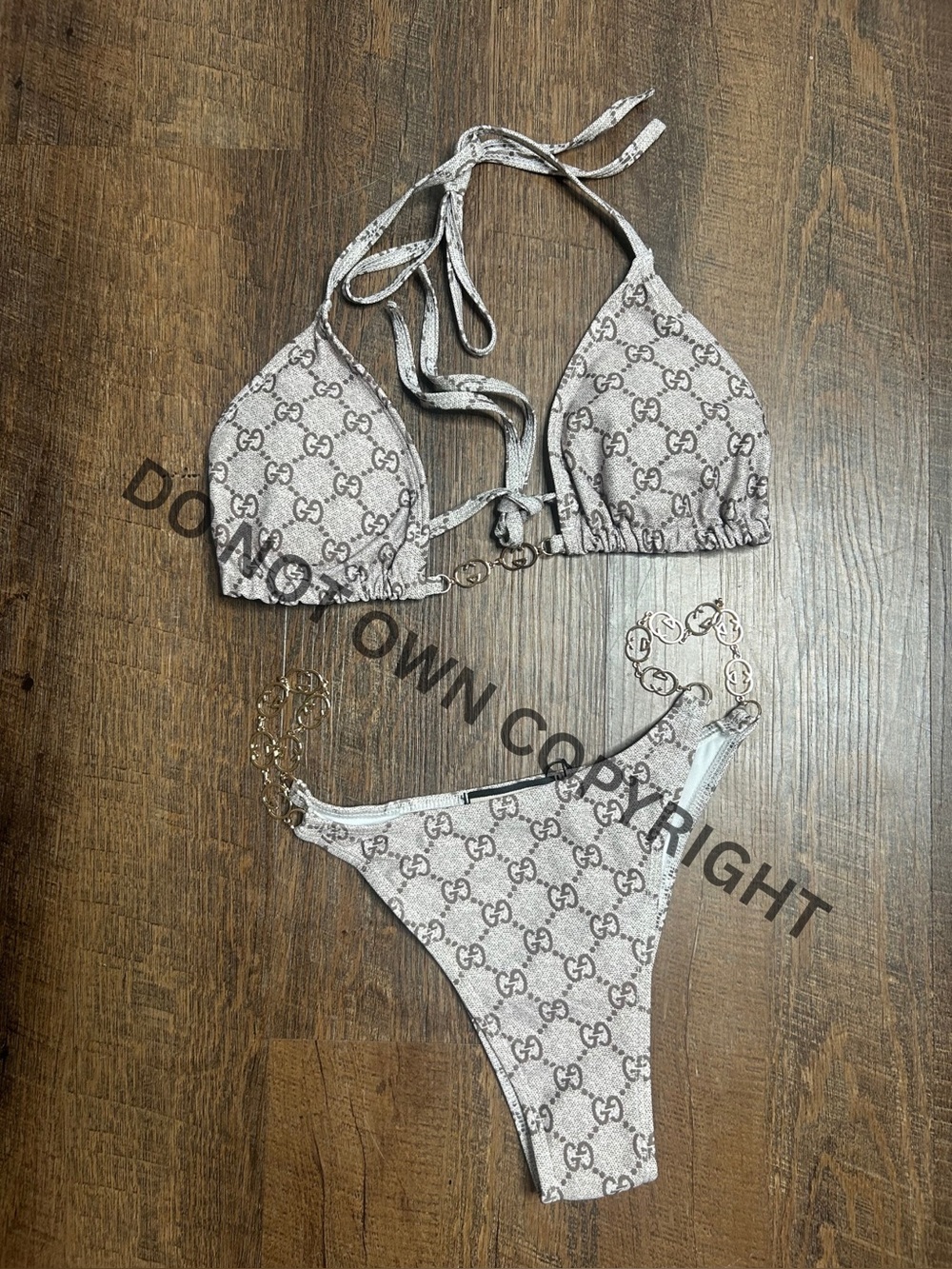 Designer-Inspired Beige Logo Triangle Bikini Set